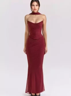 Strapless Corset And Mesh Maxi Skirt And Neck Scarf Party 3 Piece Co-ord Set For Women 2026