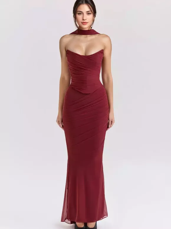 Strapless Corset And Mesh Maxi Skirt And Neck Scarf Party 3 Piece Co-ord Set For Women 2026