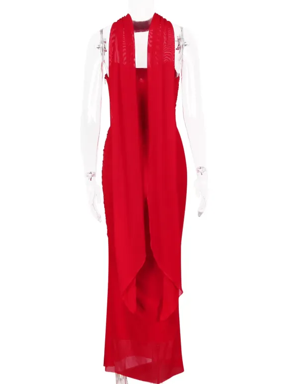 Strapless Corset And Mesh Maxi Skirt And Neck Scarf Party 3 Piece Co-ord Set For Women 2026