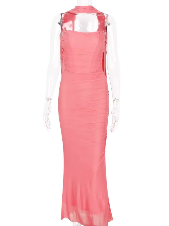 Strapless Corset And Mesh Maxi Skirt And Neck Scarf Party 3 Piece Co-ord Set For Women 2026