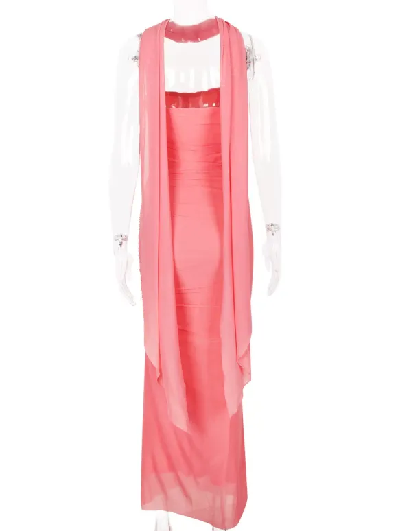 Strapless Corset And Mesh Maxi Skirt And Neck Scarf Party 3 Piece Co-ord Set For Women 2026