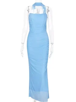 Strapless Corset And Mesh Maxi Skirt And Neck Scarf Party 3 Piece Co-ord Set For Women 2026