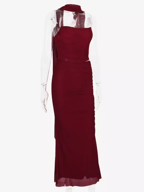 Strapless Corset And Mesh Maxi Skirt And Neck Scarf Party 3 Piece Co-ord Set For Women 2026