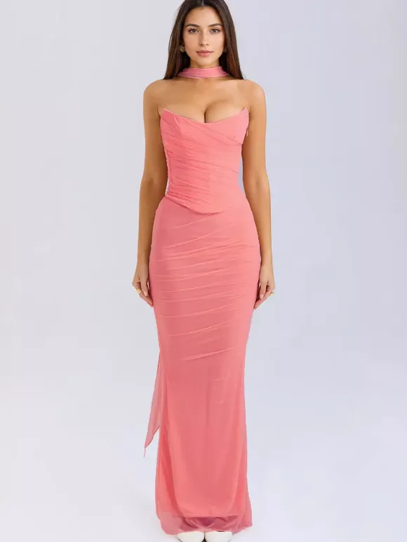 Strapless Corset And Mesh Maxi Skirt And Neck Scarf Party 3 Piece Co-ord Set For Women 2026