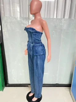 Strapless Corset Denim Jumpsuit For Women - Blue Sexy Bustier Back Zip Harem Romper - Spring Party Night Club 2026
