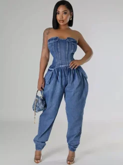 Strapless Corset Denim Jumpsuit For Women - Blue Sexy Bustier Back Zip Harem Romper - Spring Party Night Club 2026