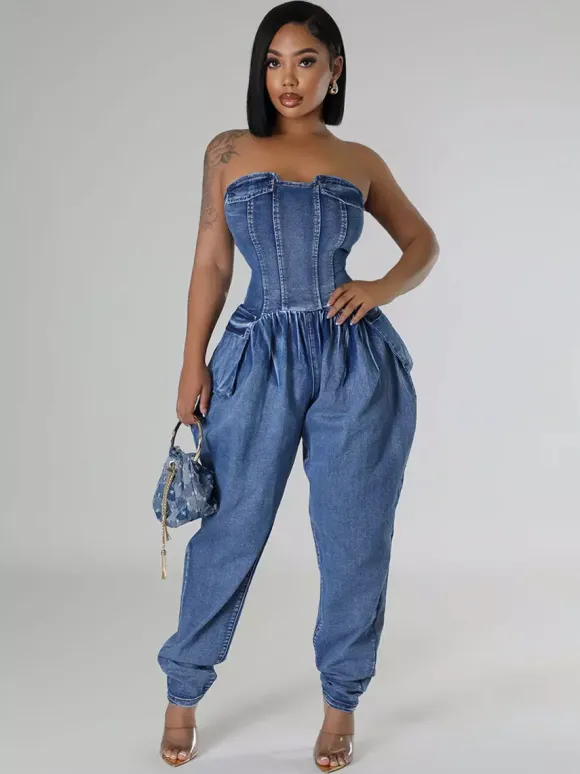 Strapless Corset Denim Jumpsuit For Women - Blue Sexy Bustier Back Zip Harem Romper - Spring Party Night Club 2026