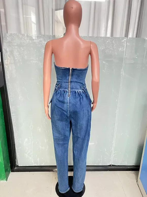 Strapless Corset Denim Jumpsuit For Women - Blue Sexy Bustier Back Zip Harem Romper - Spring Party Night Club 2026