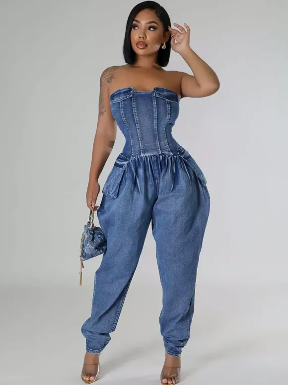 Strapless Corset Denim Jumpsuit For Women - Blue Sexy Bustier Back Zip Harem Romper - Spring Party Night Club 2026