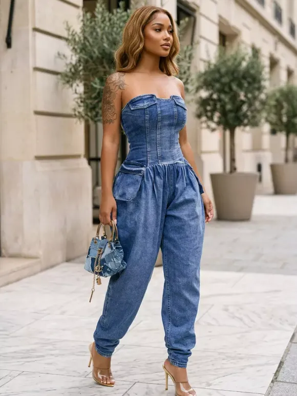 Strapless Corset Denim Jumpsuit For Women - Blue Sexy Bustier Back Zip Harem Romper - Spring Party Night Club 2026