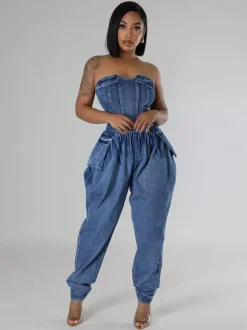 Strapless Corset Denim Jumpsuit For Women - Blue Sexy Bustier Back Zip Harem Romper - Spring Party Night Club 2026