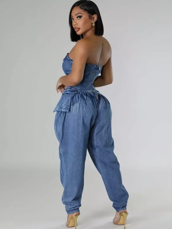Strapless Corset Denim Jumpsuit For Women - Blue Sexy Bustier Back Zip Harem Romper - Spring Party Night Club 2026