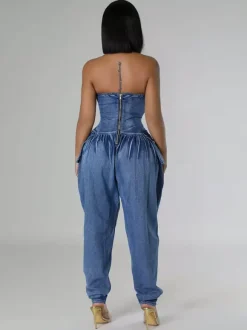 Strapless Corset Denim Jumpsuit For Women - Blue Sexy Bustier Back Zip Harem Romper - Spring Party Night Club 2026