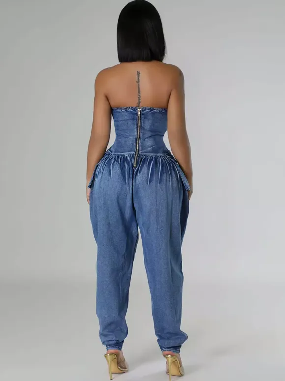 Strapless Corset Denim Jumpsuit For Women - Blue Sexy Bustier Back Zip Harem Romper - Spring Party Night Club 2026