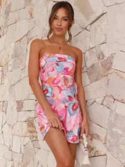 Strapless Floral Printed Mini Dress for Women - Sexy Backless Sheath Sundress - Summer Beach Party 2026