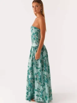 Strapless Printed Maxi Dress For Women - BoHo Bandeau Pleated Drop Waist Long Sundress - Summer Garden Party 2026