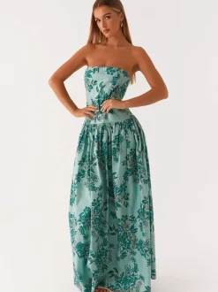 Strapless Printed Maxi Dress For Women - BoHo Bandeau Pleated Drop Waist Long Sundress - Summer Garden Party 2026