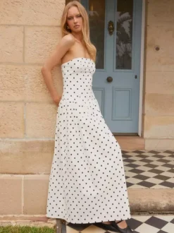Strapless Printed Maxi Dress For Women - BoHo Bandeau Pleated Drop Waist Long Sundress - Summer Garden Party 2026