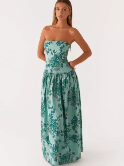 Strapless Printed Maxi Dress For Women - BoHo Bandeau Pleated Drop Waist Long Sundress - Summer Garden Party 2026