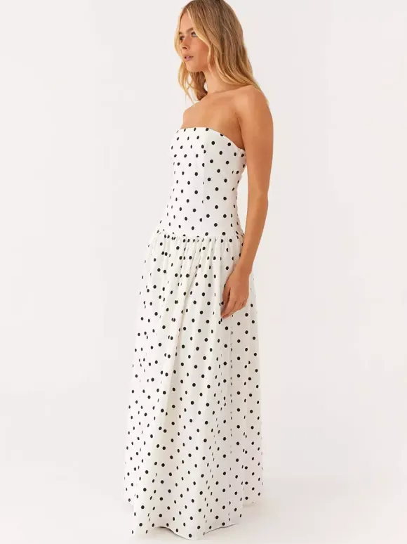 Strapless Printed Maxi Dress For Women - BoHo Bandeau Pleated Drop Waist Long Sundress - Summer Garden Party 2026