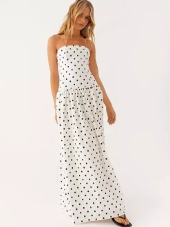 Strapless Printed Maxi Dress For Women - BoHo Bandeau Pleated Drop Waist Long Sundress - Summer Garden Party 2026