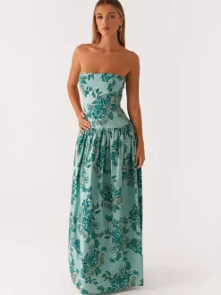 Strapless Printed Maxi Dress For Women - BoHo Bandeau Pleated Drop Waist Long Sundress - Summer Garden Party 2026