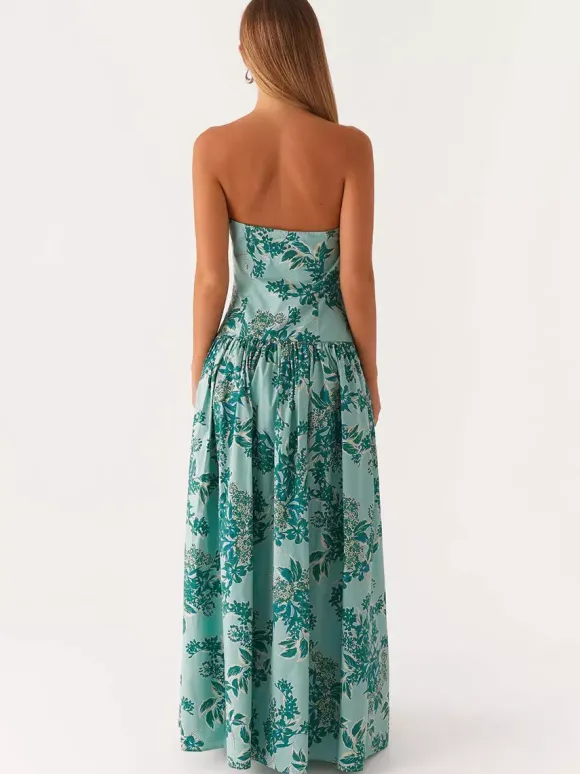 Strapless Printed Maxi Dress For Women - BoHo Bandeau Pleated Drop Waist Long Sundress - Summer Garden Party 2026