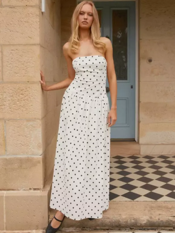 Strapless Printed Maxi Dress For Women - BoHo Bandeau Pleated Drop Waist Long Sundress - Summer Garden Party 2026