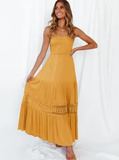 Strapless Smocked Maxi Dress for Women - Boho Crochet Lace Tiered Tube Dress - Summer Beach Resort 2026