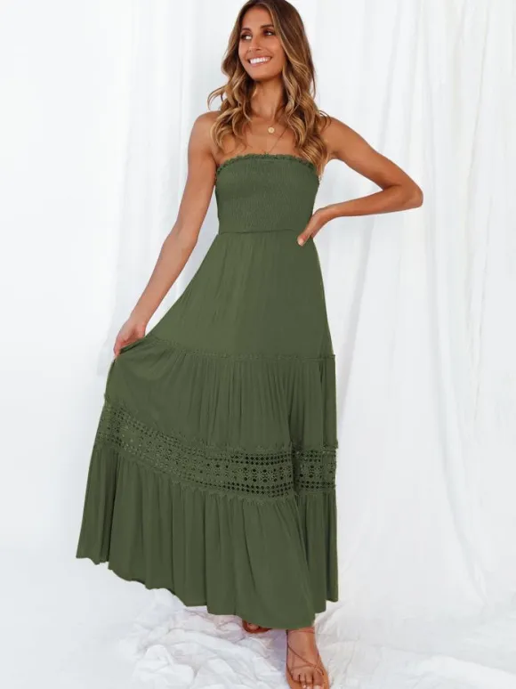 Strapless Smocked Maxi Dress for Women - Boho Crochet Lace Tiered Tube Dress - Summer Beach Resort 2026