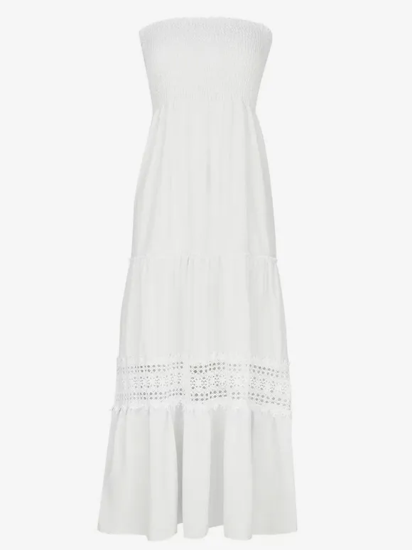 Strapless Smocked Maxi Dress for Women - Boho Crochet Lace Tiered Tube Dress - Summer Beach Resort 2026