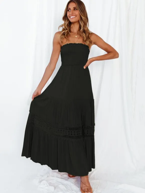 Strapless Smocked Maxi Dress for Women - Boho Crochet Lace Tiered Tube Dress - Summer Beach Resort 2026