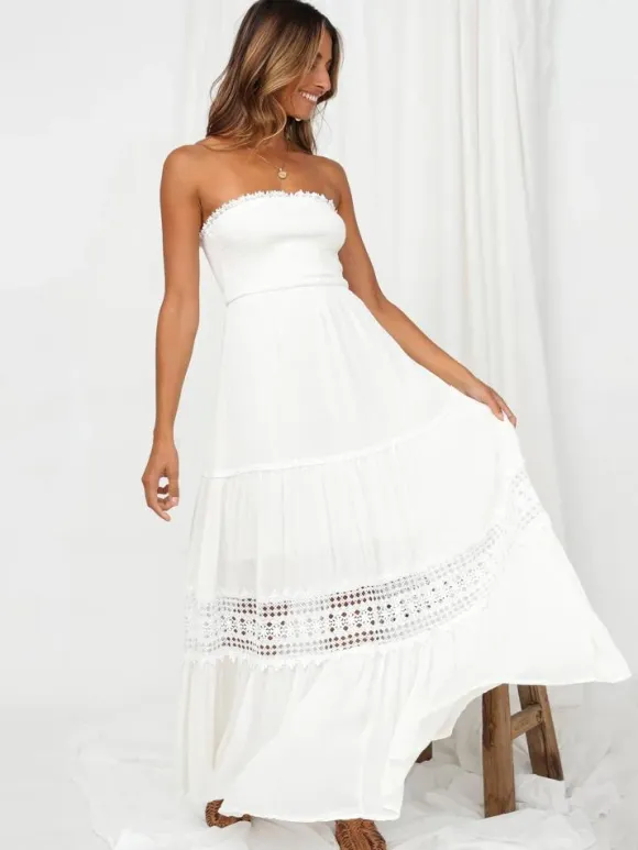 Strapless Smocked Maxi Dress for Women - Boho Crochet Lace Tiered Tube Dress - Summer Beach Resort 2026