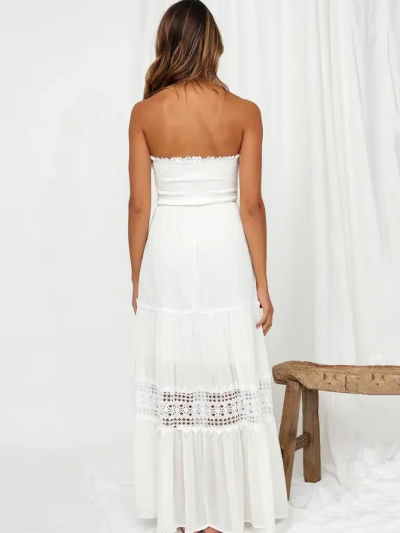 Strapless Smocked Maxi Dress for Women - Boho Crochet Lace Tiered Tube Dress - Summer Beach Resort 2026