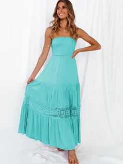 Strapless Smocked Maxi Dress for Women - Boho Crochet Lace Tiered Tube Dress - Summer Beach Resort 2026