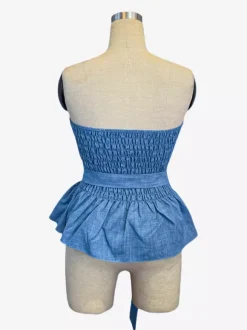 Strapless Smocked Peplum Top With 3D Flower Belt For Women 2026