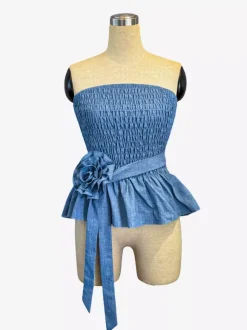 Strapless Smocked Peplum Top With 3D Flower Belt For Women 2026