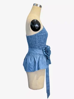 Strapless Smocked Peplum Top With 3D Flower Belt For Women 2026