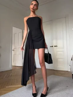 Strapless Summer Mini Dress With Asymmetric Pleated Drape For Women 2026
