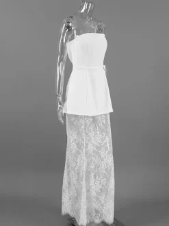 Strapless Top & Lace Maxi Skirt Women's Two Piece Set - Elegant Slim Fit Floral Lace - Summer Party Club Night Wear 2026