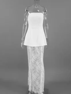 Strapless Top & Lace Maxi Skirt Women's Two Piece Set - Elegant Slim Fit Floral Lace - Summer Party Club Night Wear 2026