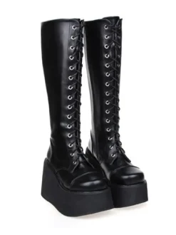 Street Wear Black Leather Platform Lolita Boots