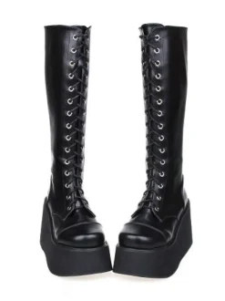 Street Wear Black Leather Platform Lolita Boots