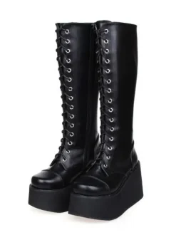 Street Wear Black Leather Platform Lolita Boots