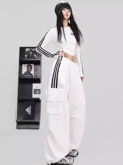 Street Dance Jumpsuit For Women Trendy White Contrast Color Jazz Outfit With Lacing Slim-fit Hip-hop Pants