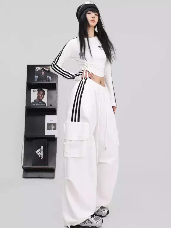 Street Dance Jumpsuit For Women Trendy White Contrast Color Jazz Outfit With Lacing Slim-fit Hip-hop Pants