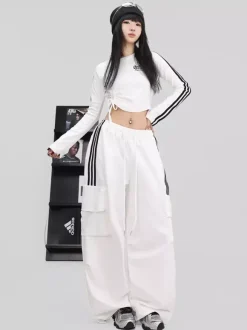 Street Dance Jumpsuit For Women Trendy White Contrast Color Jazz Outfit With Lacing Slim-fit Hip-hop Pants