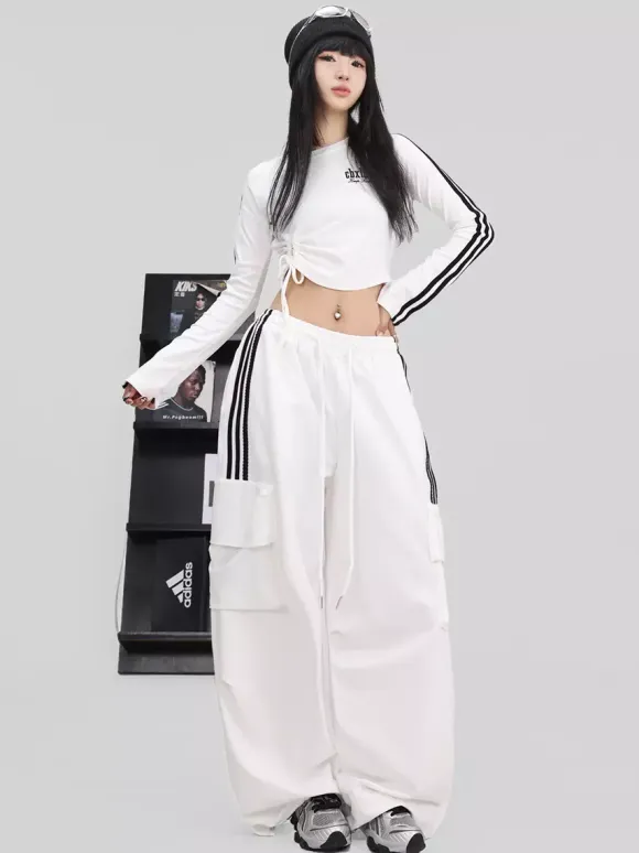 Street Dance Jumpsuit For Women Trendy White Contrast Color Jazz Outfit With Lacing Slim-fit Hip-hop Pants