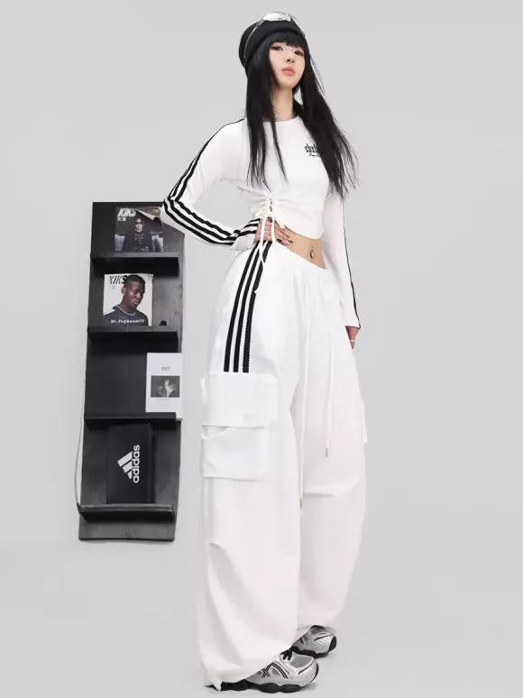 Street Dance Jumpsuit For Women Trendy White Contrast Color Jazz Outfit With Lacing Slim-fit Hip-hop Pants