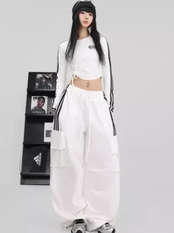 Street Dance Jumpsuit For Women Trendy White Contrast Color Jazz Outfit With Lacing Slim-fit Hip-hop Pants